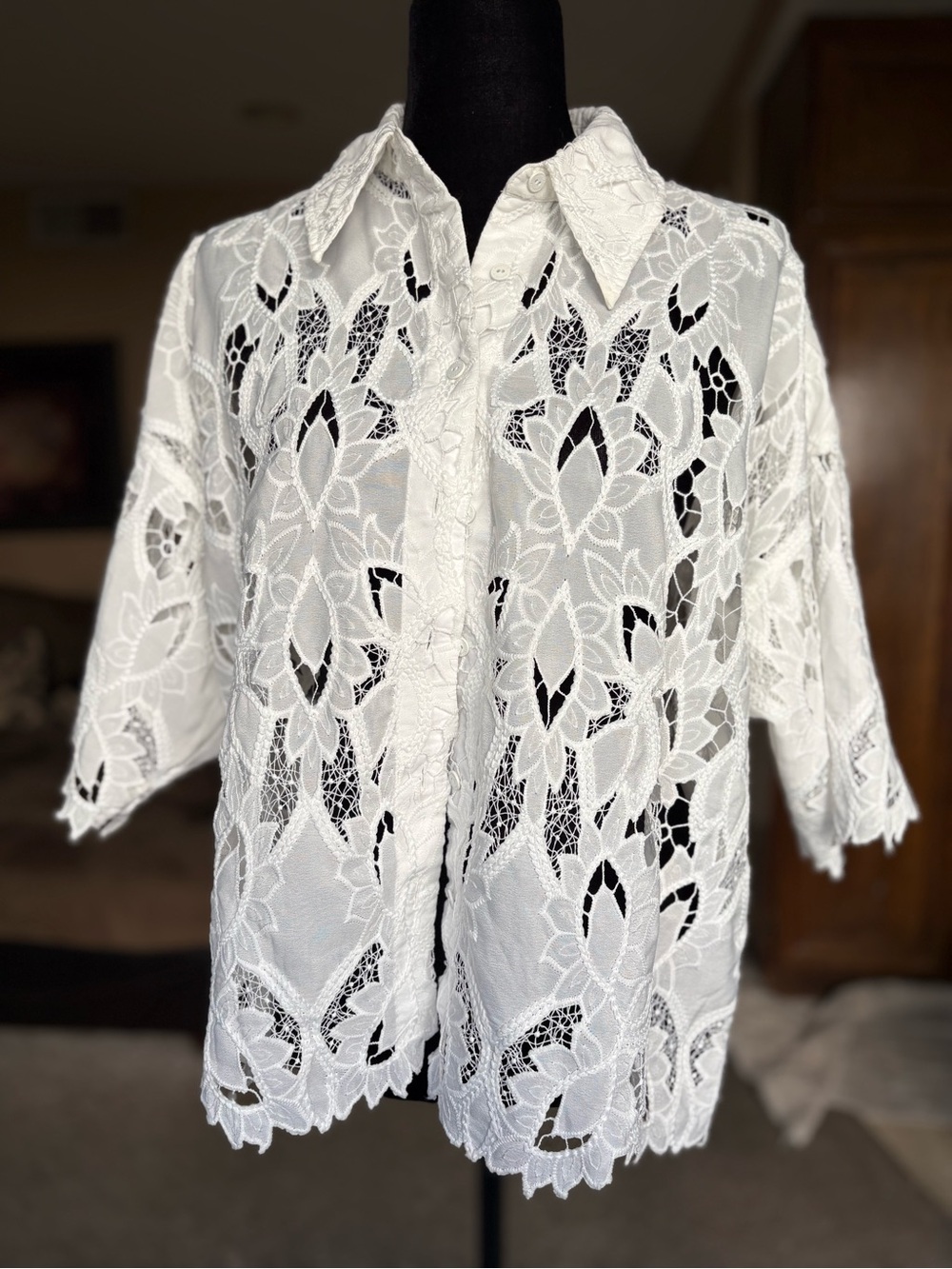 All Saints White Floral Charli Lace Button-Front Shirt Size M